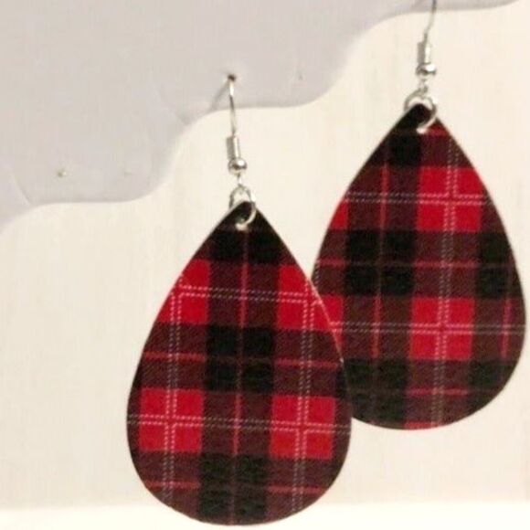 Jewelry - Red & Black Plaid PU Leather Teardrop Pierced Earrings New